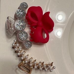 Set of Three Hair Clips - Red Bow, Glitter & Pearl Accents